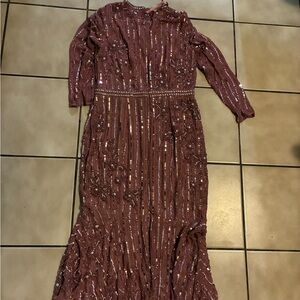 NWT Mac Duggal Long Sleeve Sequined Dark Pink Evening Gown
